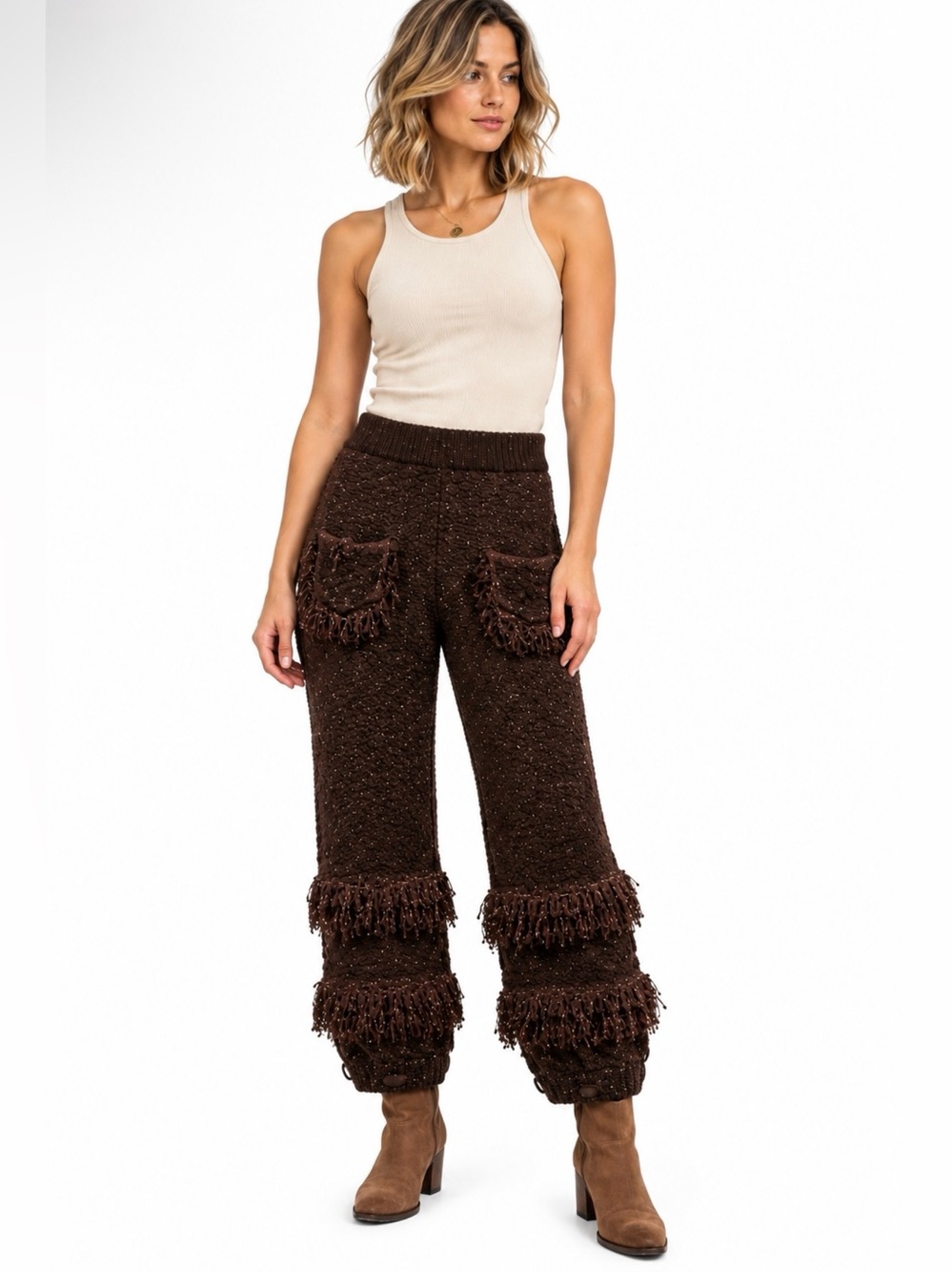 Brown Metallic Textured Knit Fringe Pants High Waist Western Boho Festival Small